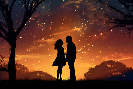 Dreamy silhouette of heterosexual couple sharing a kiss under starry night sky. Neural network generated image. Not based on any actual person, scene or pattern.