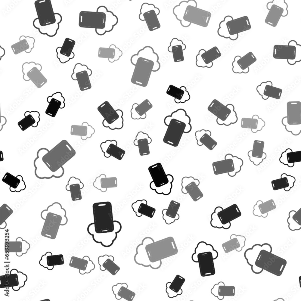 Poster black cloud technology data transfer and storage icon isolated seamless pattern on white background.