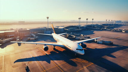 Airplane loading luggage and cargo in airport at sunset, operations In Airport, travel and transportation idea 