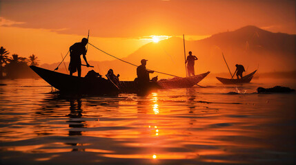 Sri Lankan Stilt Fishing man silhouettes at sunset - obrazy, fototapety, plakaty