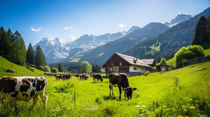 Beautiful Alps landscape with village,  green fields and cows at sunny day. Swiss mountains at the background.  - obrazy, fototapety, plakaty