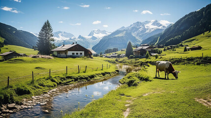 Beautiful Alps landscape with village,  green fields and cows at sunny day. Swiss mountains at the background.  - obrazy, fototapety, plakaty