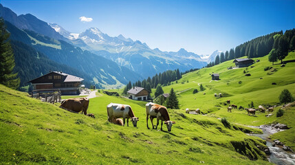 Fototapeta na wymiar Beautiful Alps landscape with village, green fields and cows at sunny day. Swiss mountains at the background. 