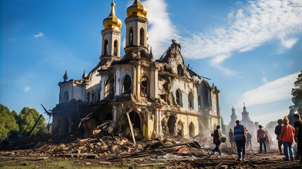 War in Ukraine, burned cathedral, people stay on ruins. - obrazy, fototapety, plakaty