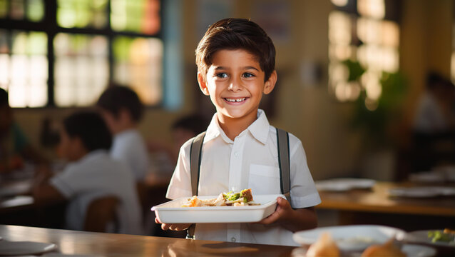 Asian school boy portrait in lunch hall with plate of salad, smiling to camera.