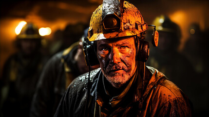 Fototapeta na wymiar Portrait of coal Miner in mine tunnel, heavy and dangerous job, health and environmental concept
