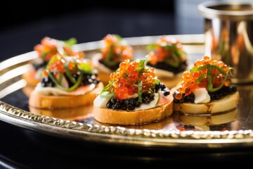 Fototapeta premium a tray holding multiple pieces of bruschetta topped with caviar