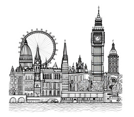 Beautiful ink illustration of London with old buildings and skyscrapers. 