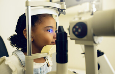 Child, eye exam and optometry for medical, vision and healthcare consultation or glaucoma check....