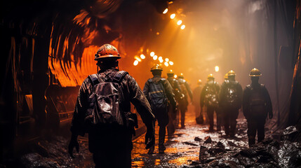 Portrait of coal Miner in mine tunnel, heavy and dangerous job, health and environmental concept - obrazy, fototapety, plakaty