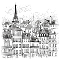 Obraz premium Beautiful ink illustration of Paris with old buildings and skyscrapers. 