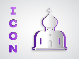 Paper cut Church building icon isolated on grey background. Christian Church. Religion of church. Paper art style. Vector