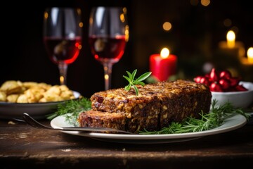 Vegetarian Christmas dinner with nut roasted. Close up. Traditional dish for Xmas.