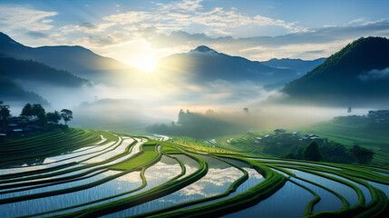 Chinese idyllic landscape with farmers growing rice. Beautiful country side at sunrise