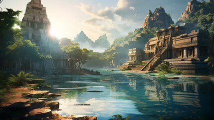 Beautiful iconic Thailand landscape with  mountains, sea, fisherman boat and ancient temples at early morning lights