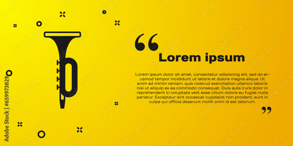 Sticker Black Trumpet icon isolated on yellow background. Musical instrument. Vector