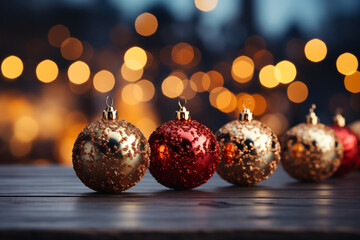 Merry Christmas ornaments. Red and Gold Christmas balls and lights Christmas tree on defocused lights Christmas with bokeh lights and stars