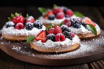 berries bruschetta with a sprinkling of powdered sugar on a round wooden board