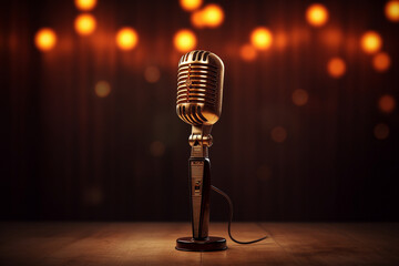 A vintage microphone stands proudly in front of the hosts, capturing every word as they share their thoughts and stories with the world.  - obrazy, fototapety, plakaty