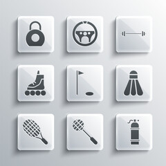 Set Tennis racket, Aqualung, Badminton shuttlecock, Golf flag, Roller skate, Kettlebell and Barbell icon. Vector