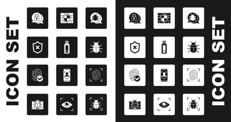 Set System bug, USB flash drive, Shield with cross mark, Cyber security, brick wall, Fingerprint and icon. Vector