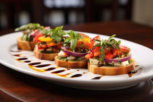 gourmet goat cheese and vegetable bruschetta on an appetizer plate