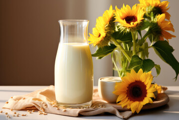 Obraz na płótnie Canvas Alternative organic milk from sunflower seeds in a glass jug on the table