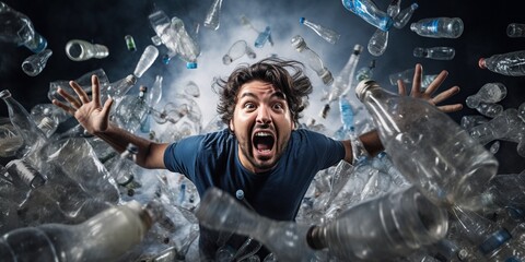 Angry man surrounded by an explosion of plastic bottles flying to the sides on a plain background, concept of Searing rage