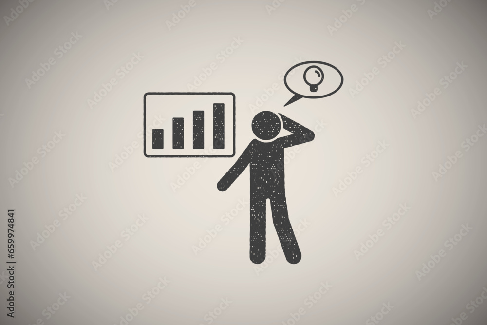 Poster man in presentation of chart with idea icon vector illustration in stamp style