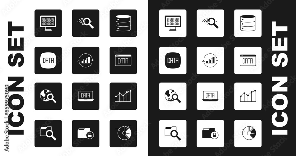 Poster set server, pie chart infographic, data analysis, binary code, search data, and globe icon. vector