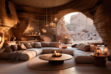 Interior of a modern living room in the style of the desert in beige colors