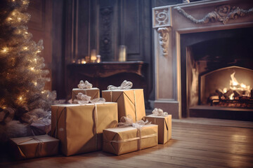 Fototapeta na wymiar Pile of Christmas gift boxes wripped with bows lies next to decorated fireplace. AI generated