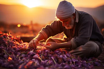 Kissenbezug Farmer harvesting saffron flowers, picking spice on the plantation, work on the agricultural farmland © Berit Kessler
