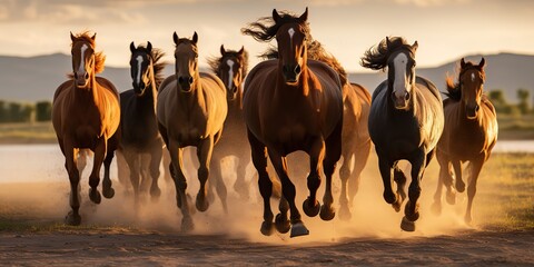 AI Generated. AI Generative. Group of horses running outdoor nature background. Wild life animal decoration. Graphic Art