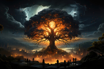 Symbolic image of the tree of life and silhouettes of people in front of it
