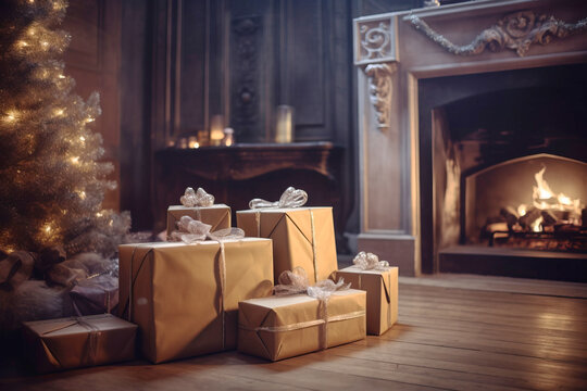 Pile of Christmas gift boxes wripped with bows lies next to decorated fireplace. AI generated
