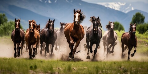 AI Generated. AI Generative. Group of horses running outdoor nature background. Wild life animal decoration. Freedom and power symbol