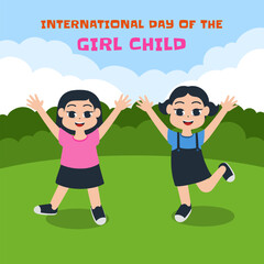 International Day of the Girl Child background with two little girls raising both hands on a green park background. Vector illustration of two little girls having fun.
