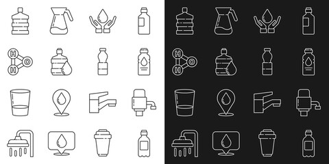 Set line Bottle of water, Mechanical pump for, Washing hands with soap, Big bottle clean, Chemical formula H2O, and icon. Vector