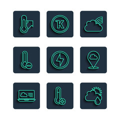 Set line Weather forecast, Meteorology thermometer, Cloud with rain and sun, Rainbow clouds, Lightning bolt, and Location icon. Vector