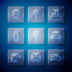 Set line Helicopter, Car, Minibus, Sailboat, Road traffic signpost, Rocket ship with fire, Train and railway and Police car flasher icon. Vector