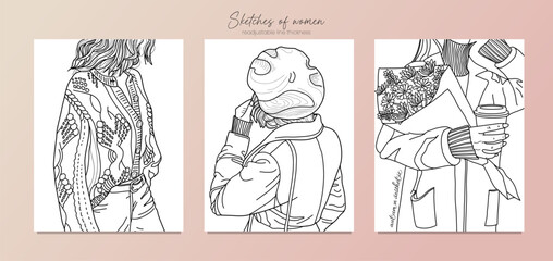 Sketch for adult coloring book. Vector illustration, beautiful girl. Black and white, Vector illustration. Design for decoration, sticker, pattern, and more. Fashion coloring pages