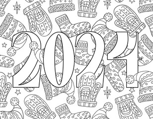 Obraz premium Hand drawing coloring page for kids and adults. Holiday greeting card Happy New Year 2024, Merry Christmas. Beautiful drawing with patterns and small details. Children Colouring book pictures. Vector