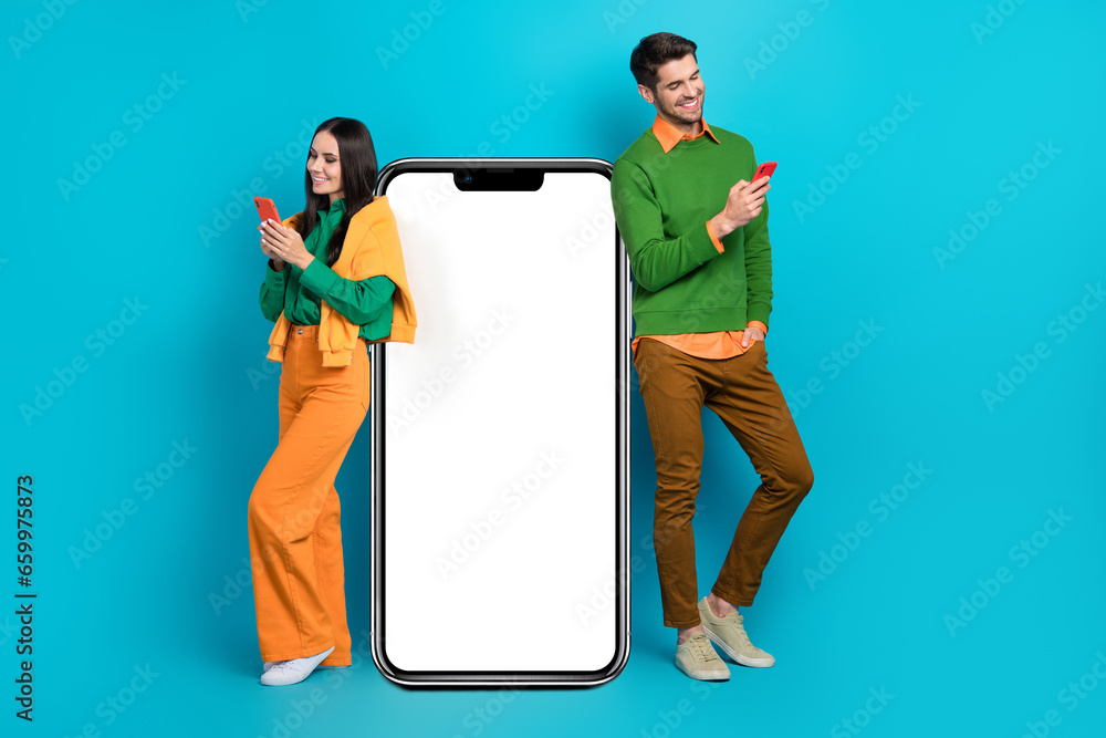 Aufkleber full size photo of two bloggers advertise new technology search menu smartphone isolated on blue col