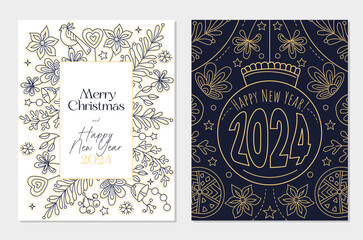 2024 Happy New Year, Merry Christmas Corporate Holiday cards and invitations. Abstract frames and backgrounds design. Christmas greeting cards template, ornate frames. Modern artistic templates.
