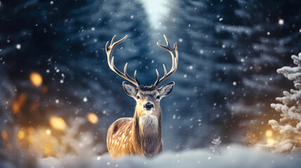 Christmas Card with Deer in Snowy Forest