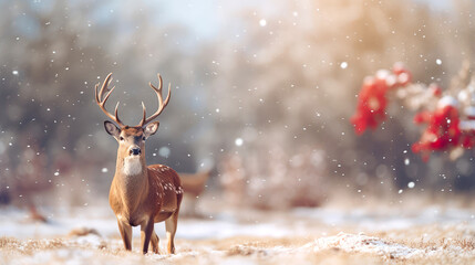 Naklejka na ściany i meble Christmas Card with Deer in Snowy Forest