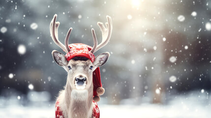 Christmas card with deer with red santa claus hat in snowy forest , new year 