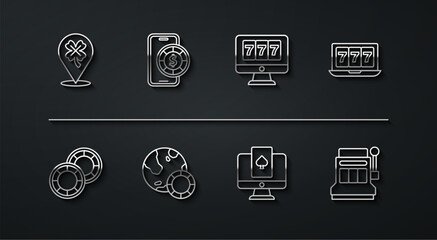 Set line Casino slot machine with clover, chips, Online jackpot, poker table game, Slot and icon. Vector