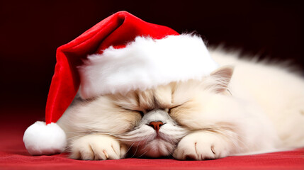 Cute Cat in Santa Hat Sleeping Peacefully for Christmas and New Year